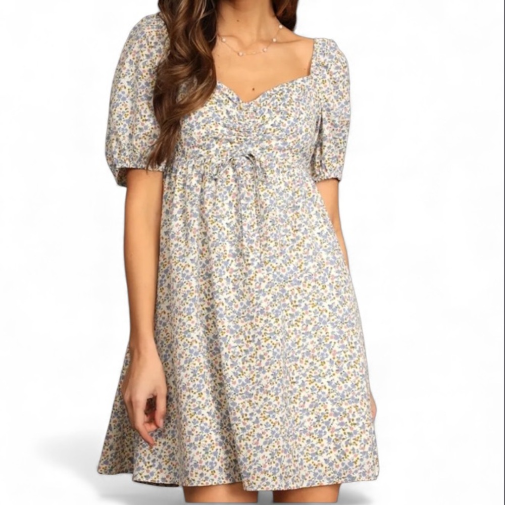Lulus Floral Print Puff Sleeve Cinch Bodice Mini Dress Off White Blue XL NWT